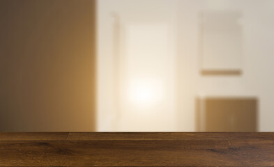 Background with empty table. Flooring. Modern bathroom including bath and sink. 3D rendering.. Sunset.