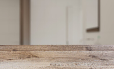 Background with empty wooden table. Flooring. Clean and fresh bathroom with natural light. 3D rendering.