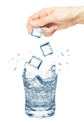 ice cube hand splash in a glass isolated on white background