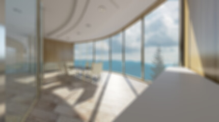 Unfocused, Blur phototography.  Open space office interior with like conference room. Mockup. 3D