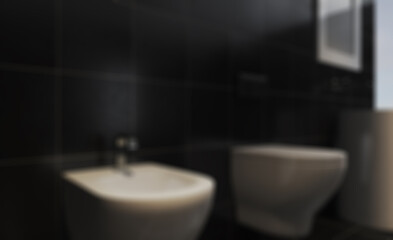 Fototapeta na wymiar Freestanding bath with towels in grey modern bathroom. 3D rendering.. Abstract blur phototography