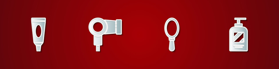 Fototapeta premium Set Cream or lotion cosmetic tube, Hair dryer, Hand mirror and Bottle of shampoo icon. Vector.