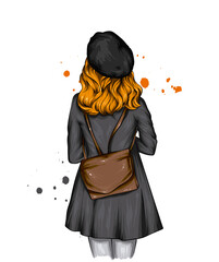 Girl in a stylish coat, beret and with a backpack. Vector illustration.