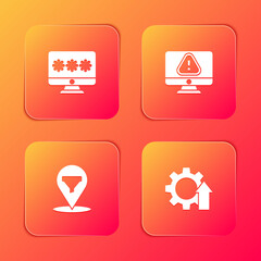 Set Monitor with password, exclamation mark, Location sales funnel and Arrow growth gear icon. Vector.