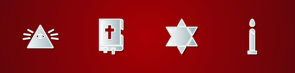 Set Masons, Holy bible book, Star of David and Burning candle icon. Vector.