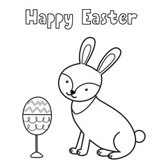Happy Easter coloring page with cute rabbit and egg in glass. Black and white activity page for kids. Springtime outline worksheet for school and preschool. Vector illustration