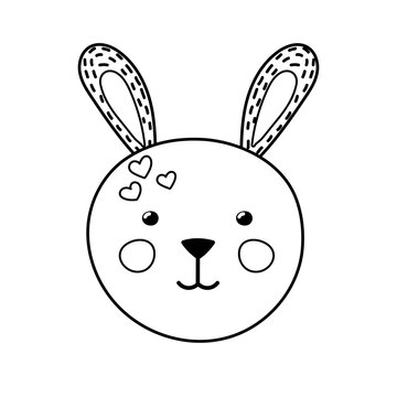Cute rabbit face coloring page for kids. Funny bunny black and white print in cartoon style. Vector illustration