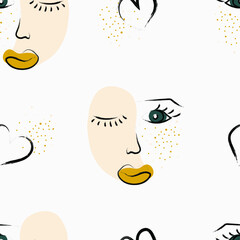 Modern silhouettes of abstract female faces. Seamless pattern of trendy continuous lines and three trending colors 2021, minimalistic concept. Vector illustration.