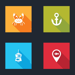 Set Crab, Anchor, Fishing net with fish and Location fishing icon. Vector.