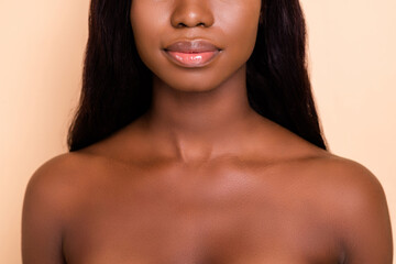 Cropped photo of sweet pretty dark skin naked lady neck ideal body lips isolated beige color...