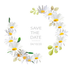 Greenery, white chamomile vector design round invitation frame. Rustic wedding greenery.
