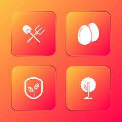 Set Shovel and rake, Chicken egg, Shield with leaf and Tree icon. Vector.