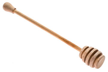 wooden honey drizzler on white background