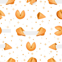 seamless pattern of set of Chinese fortune cookies with elements of stars. Fortune cookies with blank paper template. open and closed chinese fortune cookies with paper. Vector illustration.