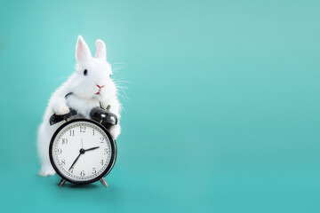 White bunny with clock on blue flowers - obrazy, fototapety, plakaty