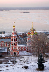 Winter sunset view of the Stroganov Church with beautiful mosaic domes in Nizhny Novgorod