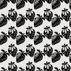 Strawberry linocut seamless vector pattern background. Rows of stencil style berries on terrazzo textured backdrop. Geometric design. Monochrome aged effect. Soft fruit repeat for vintage packaging