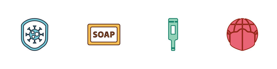 Set Shield protecting from virus, Bar of soap, Medical thermometer and Earth with medical mask icon. Vector.