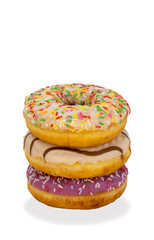 delicious doughnuts on a white background. rounded or ring-shaped, deep-fried bakery product. donut topped with icing sugar and a bright sprinkle. sweet �onfectionery products.
