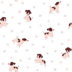Seamless trendy pattern with dog and paw prints. Style cartoon Jack Russell Terrier. Vector design print.
