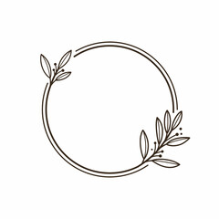 Round botanical frame element with laurel. Simple contour vector illustration for packaging, corporate identity, labels, postcards, invitations.