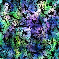 Seamless abstract color blobs with floral flower pattern overlay. High quality illustration. Painterly dye-like blue purple and green bleed watery background color with beautiful pattern overlay.