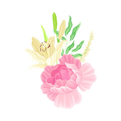 Purple Lush Peony Flower Arranged with Garden Flora Vector Illustration