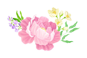 Large Purple Peony Flower Arranged with Garden Flora Vector Illustration