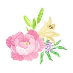 Large Purple Peony Flower Arranged with Garden Flora Vector Illustration