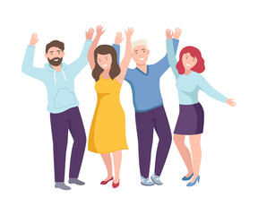 Group of Joyful People Characters Up with Hands Cheering About Something Vector Illustration