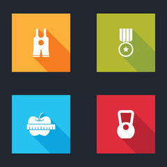 Set Wrestling singlet, Medal, Apple and measuring tape and Kettlebell icon. Vector.