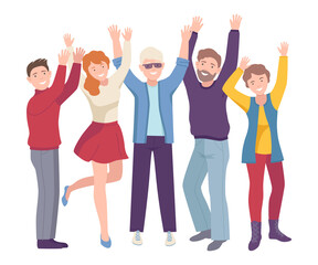 Group of Joyful People Characters Up with Hands Cheering About Something Vector Illustration