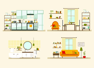 set with interiors, bathroom, living room and bedroom, flat vector illustration of rooms with furniture