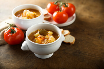 Traditional homemade Russian sauerkraut soup