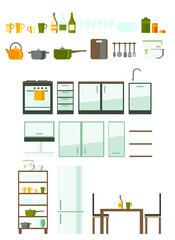 kitchen and utensils furniture set, vector flat illustration	
