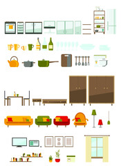 living room and kitchen furniture set, vector flat illustration	