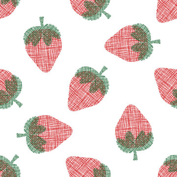 Strawberry Cotton Cut Out Seamless Vector Pattern Background. Frayed Edges Weave Stitch Effect Red Berries On White Backdrop. Irregular Burlap Texture Silhouette Fruit Repeat For Summer Food Concept