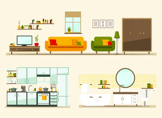 set with interiors, bathroom, living room and bedroom, flat vector illustration of rooms with furniture