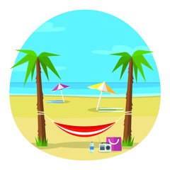 Vector illustration of beach on seashore with sun beach umbrellas, sea shore, hammock, beach bag, palm trees, radio and towels.	