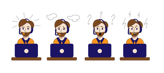 Blogger podcaster streaming. emotions of a young call center operator.  Joy, sad, angry, surprise. man with a beard sits at a laptop with headphones, microphone. Vector flat style cartoon illustration