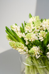 Blossoming white hyacinths. A bouquet in a cylindrical glass vase on a white background.