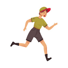 Fototapeta na wymiar Woman Park Ranger in Khaki Cap and Shorts Running Protecting and Preserving National Parkland Vector Illustration