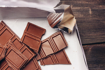 chocolate broken on brown paper on a delicacy table