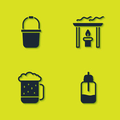 Set Sauna bucket, Essential oil bottle, Wooden beer mug and Aroma candle icon. Vector.
