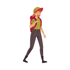 Redhead Woman as Park Ranger in Khaki Cap Walking Carrying Backpack Protecting and Preserving National Parkland Vector Illustration