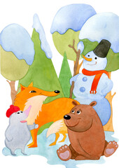 Obraz premium Watercolor cute cartoon snowman in the company of a fox, a mole and a bear on a background of winter trees. Kid's hand drawn illustration isolated on white background. Christmas illustrations 