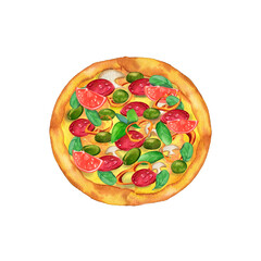 Watercolor hand painted pizza with ingredients. Illustration isolated on white background. Pizza Mushrooms Olives Pepper Basil Sausage Ham Tomatoes Set Realistic