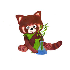 A cute red panda with a chemical flask in which bamboo grows. Watercolor illustrations for postcards, banner, books isolated on white background.