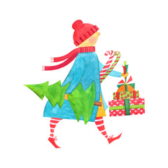 stylized woman in a red hat and red scarf in a blue coat hurries with a Christmas tree and Christmas gifts in motion. watercolor character illustration for postcards, magnets and posters