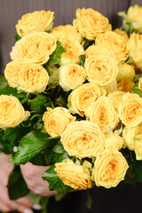 A bouquet of yellow roses in the woman's hands close-up.